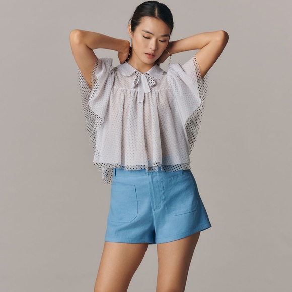 Maeve Short-Sleeve Bow Collared Sheer Swing Blouse - Picture 4 of 4